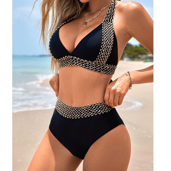 Boho Color Block High Waist Halter 2 piece swimsuit Bikini - Picture 4 of 4